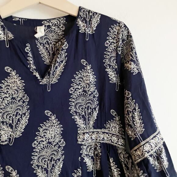 Anokhi Koki Girls Size 4-5 Dress 100% Cotton 3/4 Sleeve Dark Blue Paisley - Picture 2 of 11
